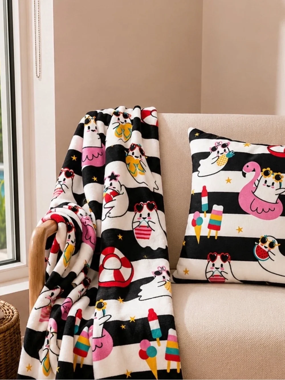 Crafted Summerween Black and White Striped Velvet Plush Throw x 2